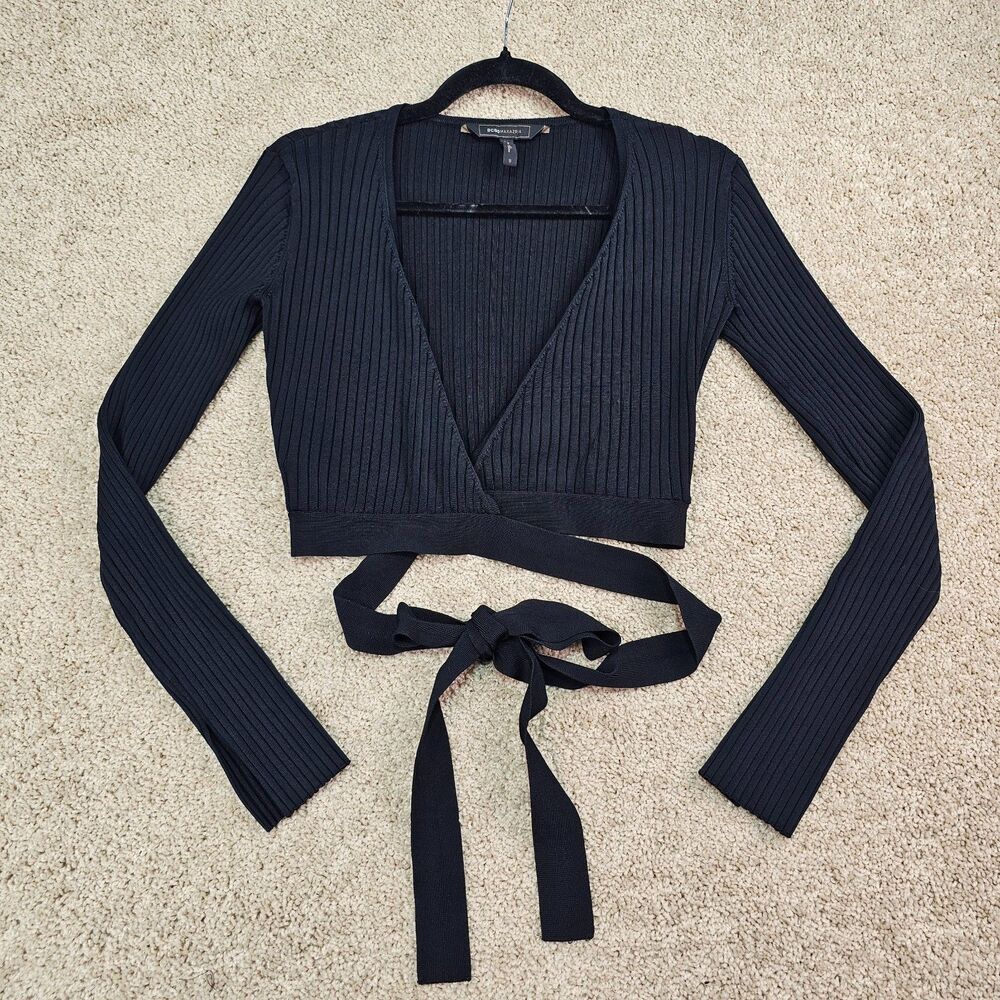 BCBGMAXAZRIA Emily Black Ribbed Wrap Crop Top Small Long Sleeve Tie Waist Y2K